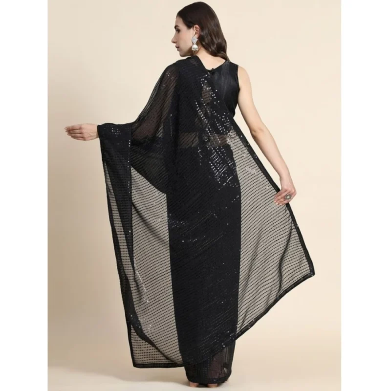 Generic Women's Georgette Embellished Sequnece Bollywood Saree With Unstitched Blouse 5.5Mtr (Black)