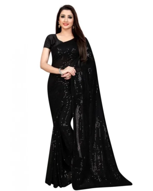 Generic Women's Georgette Embellished Sequnece Bollywood Saree With Unstitched Blouse 5.5Mtr (Black)