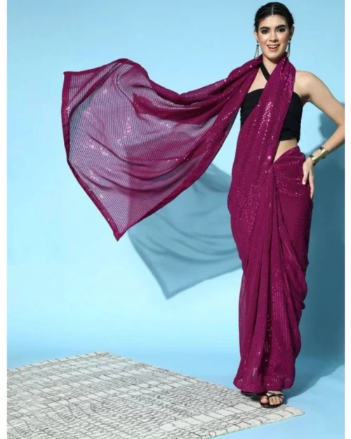 Generic Women's Georgette Embellished Sequnece Bollywood Saree With Unstitched Blouse 5.5Mtr (Wine)