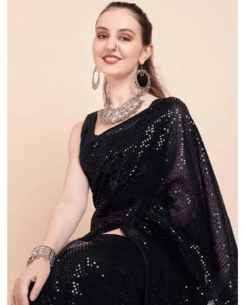 Generic Women's Georgette Embellished Sequnece Bollywood Saree With Unstitched Blouse 5.5Mtr (Black)