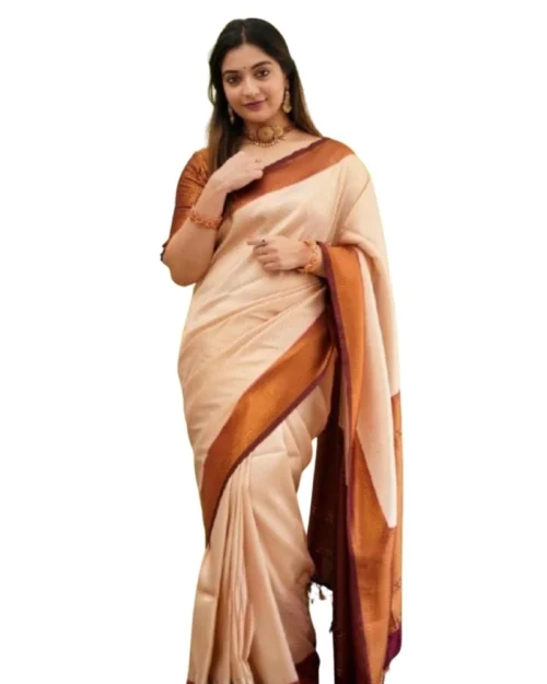 Generic Women's Silk Printed Saree With Unstitched Blouse 5.5Mtr (Cream)