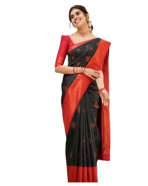 Generic Women's Silk Printed Saree With Unstitched Blouse 5.5Mtr (Black)