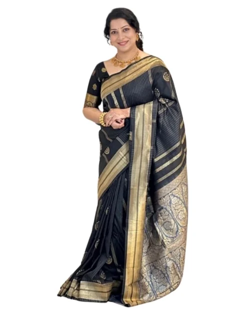 Generic Women's Silk Printed Saree With Unstitched Blouse 5.5Mtr (Black)