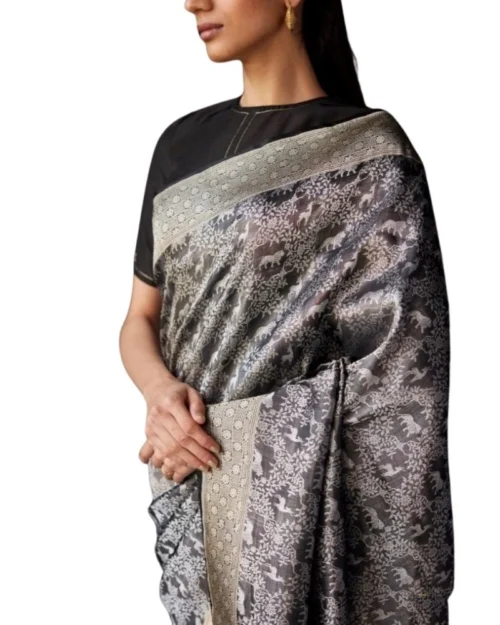 Generic Women's Silk Printed Saree With Unstitched Blouse 5.5Mtr (Grey)