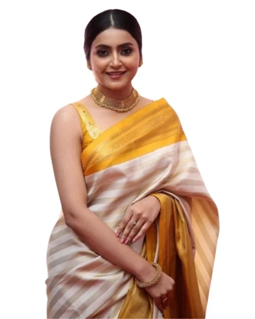 Generic Women's Silk Printed Saree With Unstitched Blouse 5.5Mtr (Off White-Yellow)