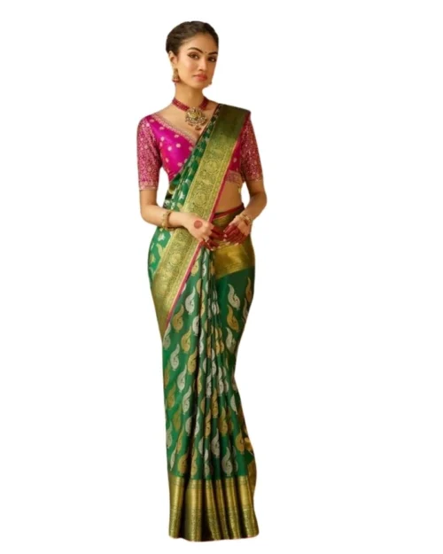 Generic Women's Silk Printed Saree With Unstitched Blouse 5.5Mtr (Green)