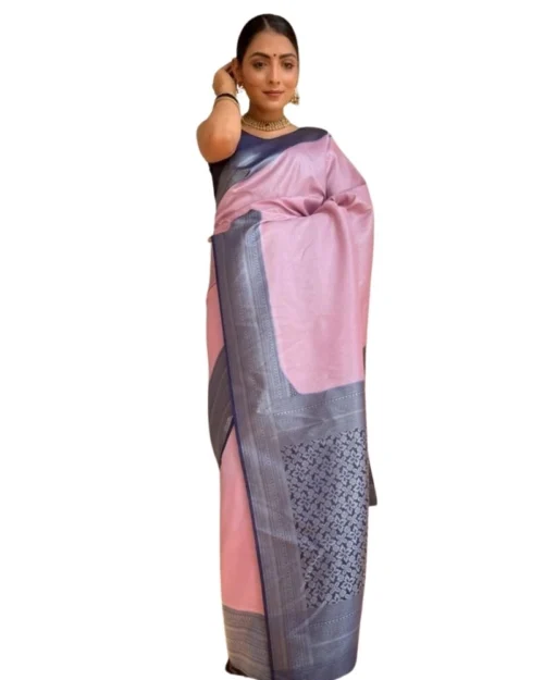 Generic Women's Silk Printed Saree With Unstitched Blouse 5.5Mtr (Pink)