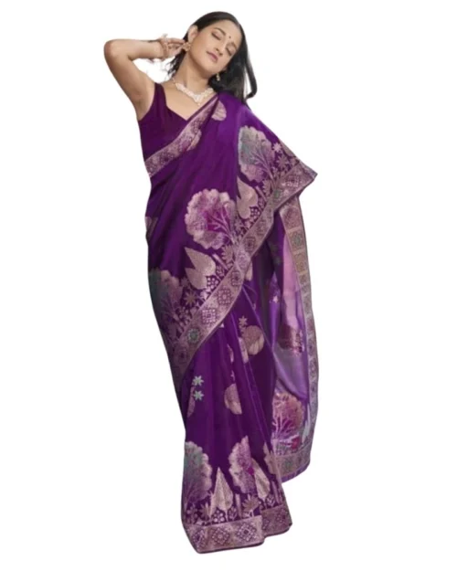 Generic Women's Silk Printed Saree With Unstitched Blouse 5.5Mtr (Purple)
