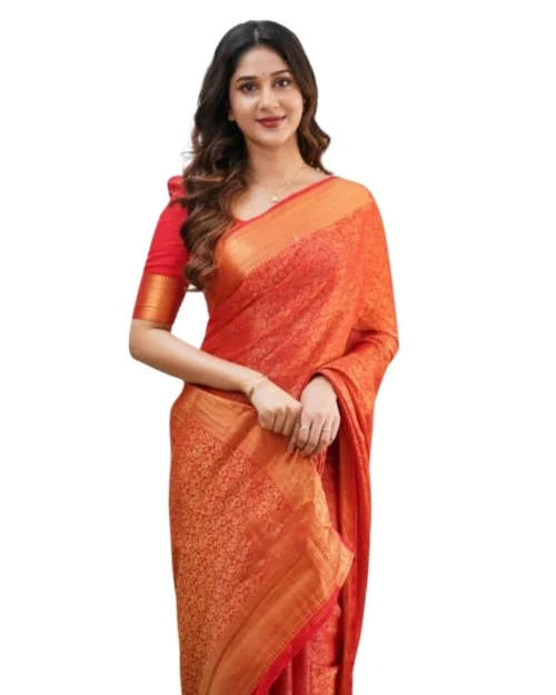 Generic Women's Silk Printed Saree With Unstitched Blouse 5.5Mtr (Orange)