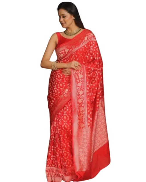 Generic Women's Silk Printed Saree With Unstitched Blouse 5.5Mtr (Orange)