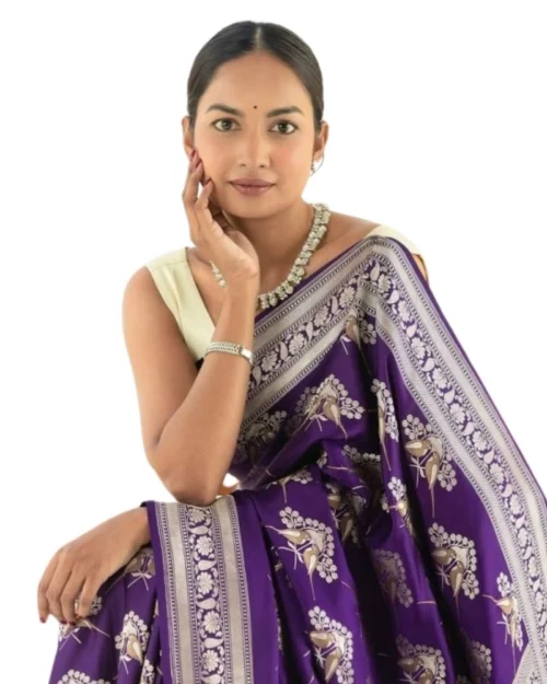 Generic Women's Silk Printed Saree With Unstitched Blouse 5.5Mtr (Purple)