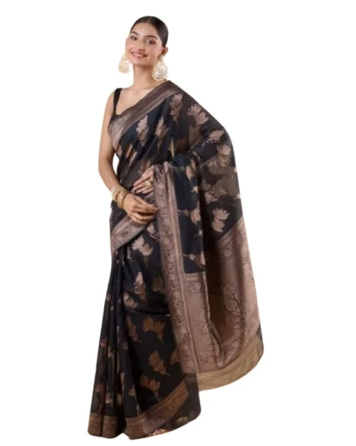 Generic Women's Silk Printed Saree With Unstitched Blouse 5.5Mtr (Black)