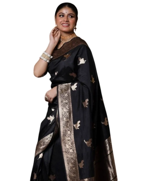Generic Women's Silk Printed Saree With Unstitched Blouse 5.5Mtr (Black)
