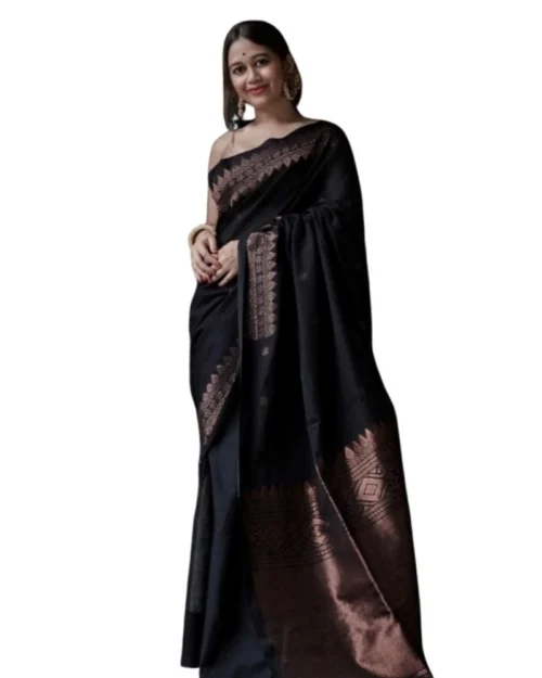 Generic Women's Silk Printed Saree With Unstitched Blouse 5.5Mtr (Black)