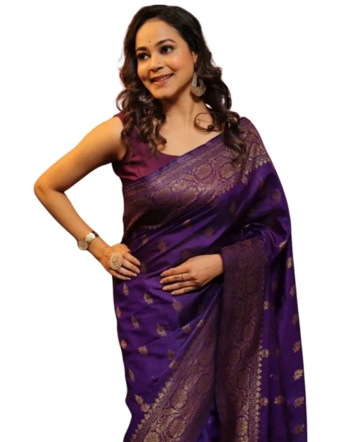Generic Women's Silk Printed Saree With Unstitched Blouse 5.5Mtr (Purple)