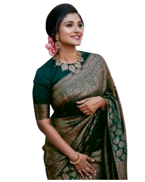 Generic Women's Silk Printed Saree With Unstitched Blouse 5.5Mtr (Green)