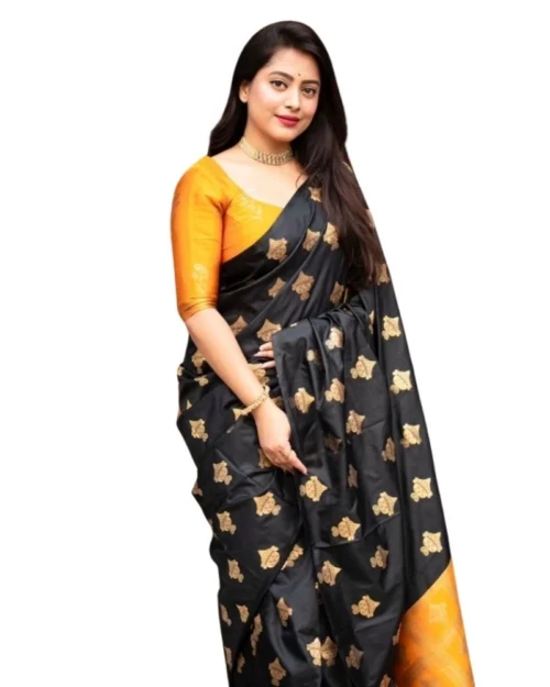 Generic Women's Silk Printed Saree With Unstitched Blouse 5.5Mtr (Yellow)