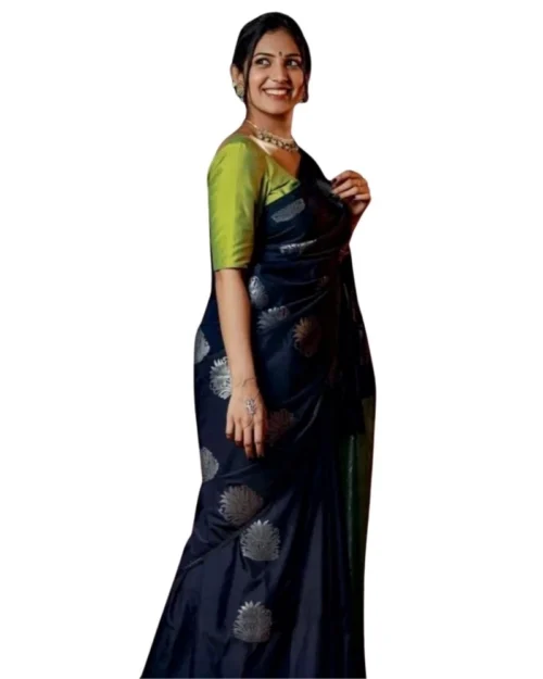 Generic Women's Silk Printed Saree With Unstitched Blouse 5.5Mtr (Navy Blue)