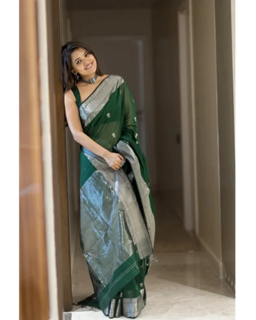 Generic Women's Cotton  Printed Saree With Unstitched Blouse 5.5Mtr (Green)