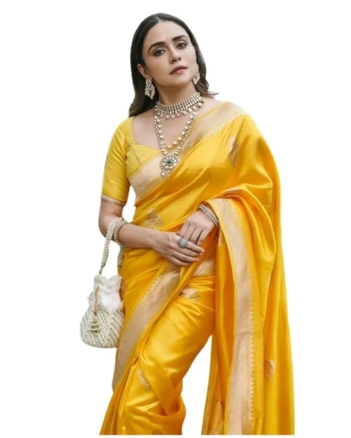 Generic Women's Silk Printed Saree With Unstitched Blouse 5.5Mtr (Yellow)