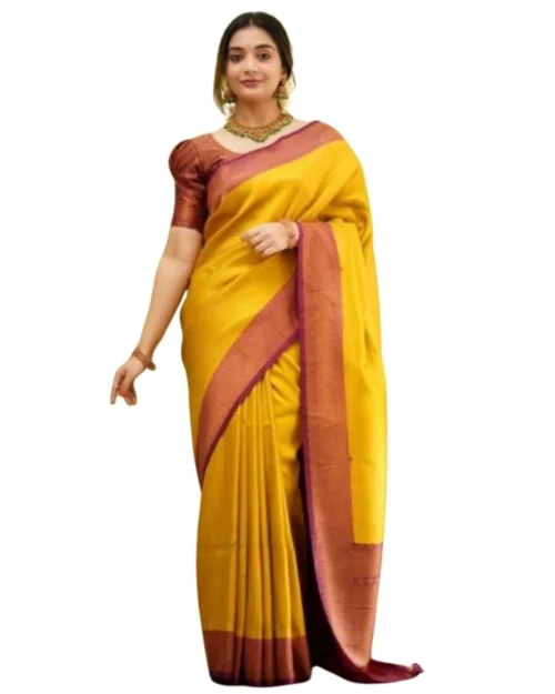 Generic Women's Silk Printed Saree With Unstitched Blouse 5.5Mtr (Yellow)