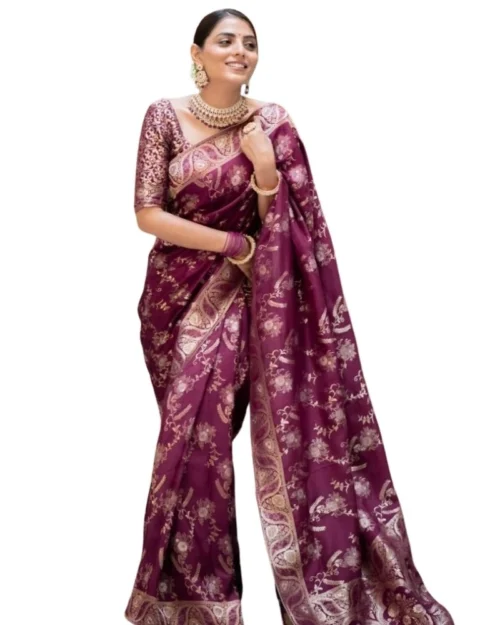 Generic Women's Silk Printed Saree With Unstitched Blouse 5.5Mtr (Wine)