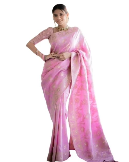 Generic Women's Silk Printed Saree With Unstitched Blouse 5.5Mtr (Pink)