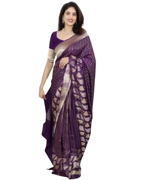 Generic Women's Silk Printed Saree With Unstitched Blouse 5.5Mtr (Purple)
