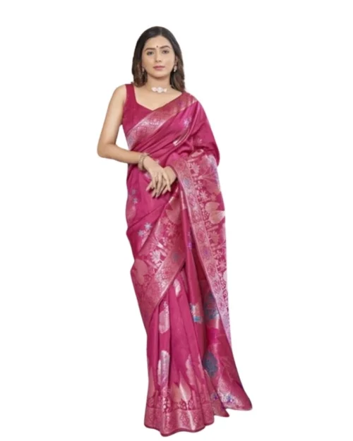 Generic Women's Silk Printed Saree With Unstitched Blouse 5.5Mtr (Rani Pink)