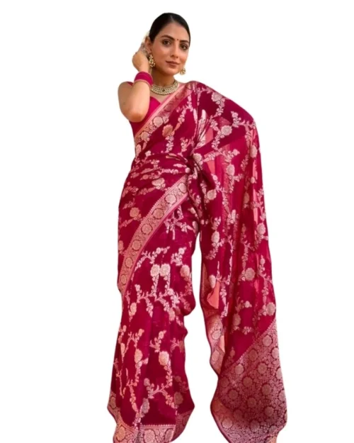 Generic Women's Silk Printed Saree With Unstitched Blouse 5.5Mtr (Pink)