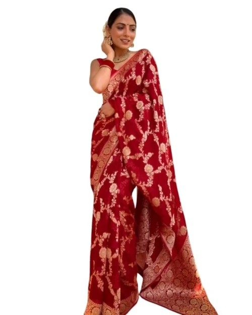 Generic Women's Silk Printed Saree With Unstitched Blouse 5.5Mtr (Red)