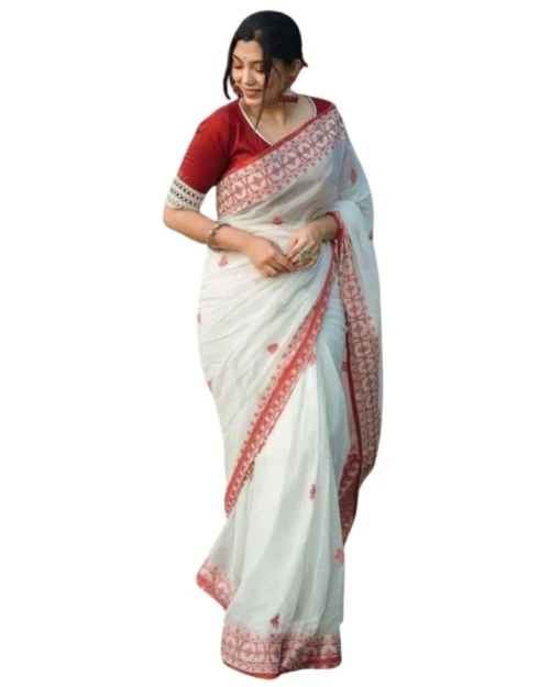 Generic Women's Cotton  Printed Saree With Unstitched Blouse 5.5Mtr (White-Red)