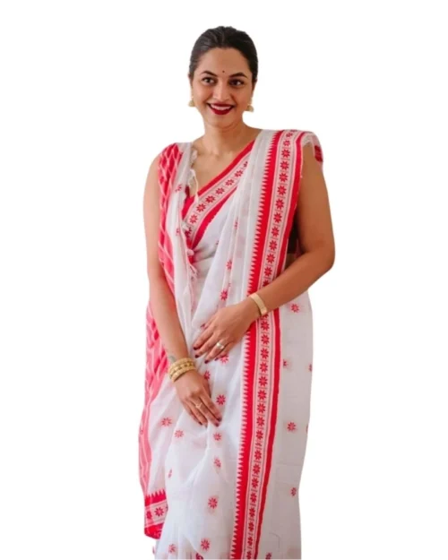 Generic Women's Cotton  Printed Saree With Unstitched Blouse 5.5Mtr (White-Pink)