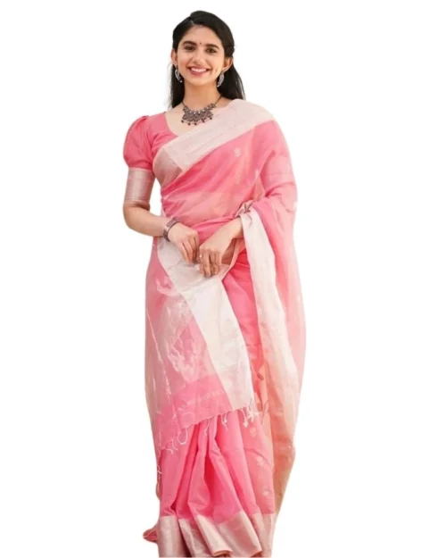 Generic Women's Cotton  Printed Saree With Unstitched Blouse 5.5Mtr (Pink)
