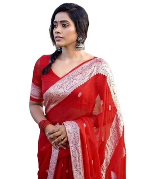 Generic Women's Cotton  Printed Saree With Unstitched Blouse 5.5Mtr (Red)