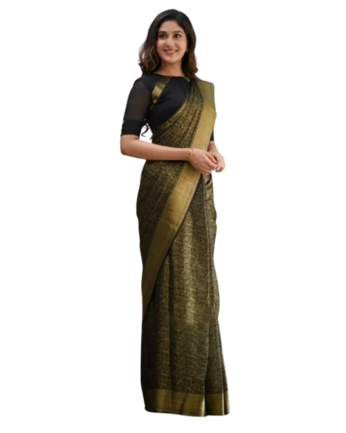 Generic Women's Silk Printed Saree With Unstitched Blouse 5.5Mtr (Black)