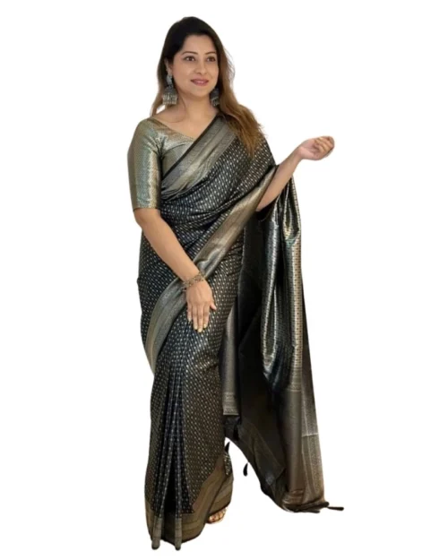 Generic Women's Silk Printed Saree With Unstitched Blouse 5.5Mtr (Black)