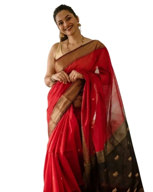 Generic Women's Cotton  Printed Saree With Unstitched Blouse 5.5Mtr (Red)