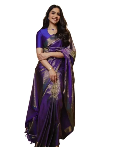 Generic Women's Silk Printed Saree With Unstitched Blouse 5.5Mtr (Purple)