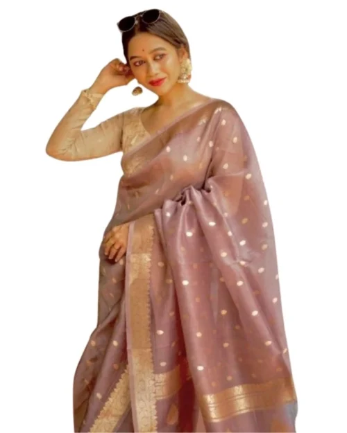 Generic Women's Cotton  Printed Saree With Unstitched Blouse 5.5Mtr (Rose Gold)