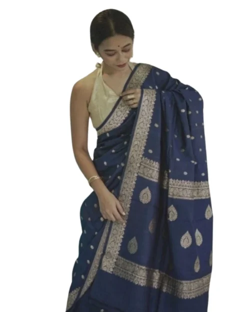 Generic Women's Cotton  Printed Saree With Unstitched Blouse 5.5Mtr (Navy Blue)