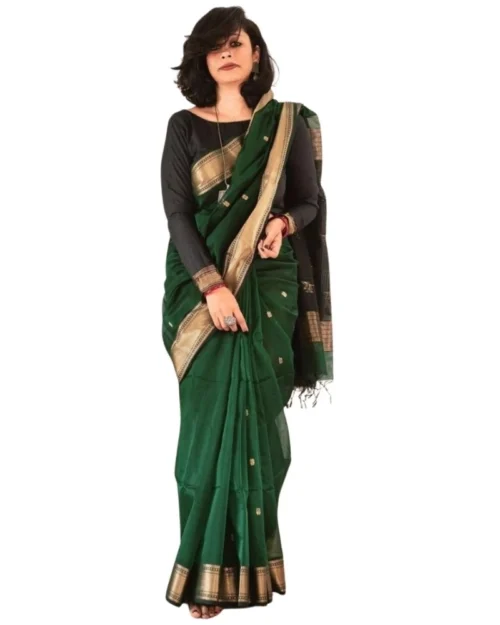 Generic Women's Silk Printed Saree With Unstitched Blouse 5.5Mtr (Dark Green)
