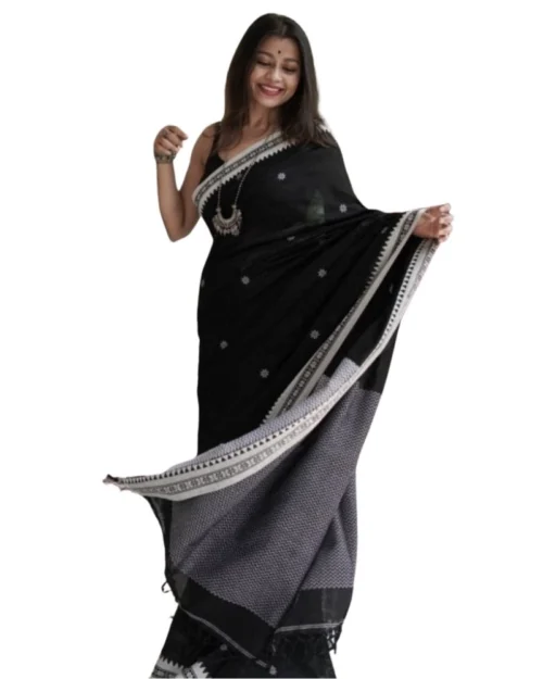 Generic Women's Cotton  Printed Saree With Unstitched Blouse 5.5Mtr (Black)