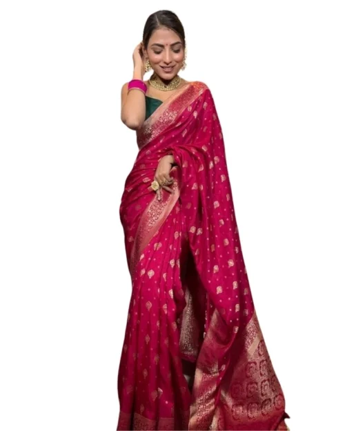 Generic Women's Silk Printed Saree With Unstitched Blouse 5.5Mtr (Rani Pink)