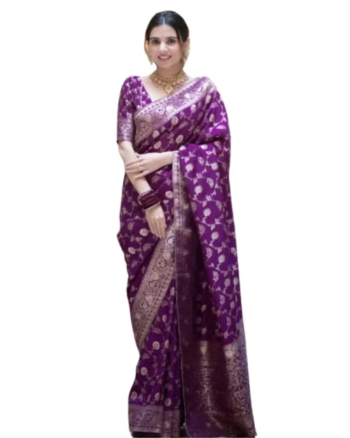Generic Women's Silk Printed Saree With Unstitched Blouse 5.5Mtr (Purple)