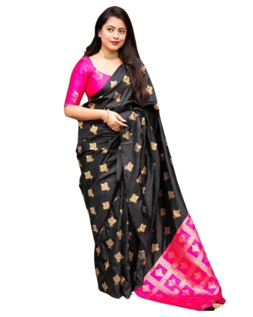 Generic Women's Silk Printed Saree With Unstitched Blouse 5.5Mtr (Pink)