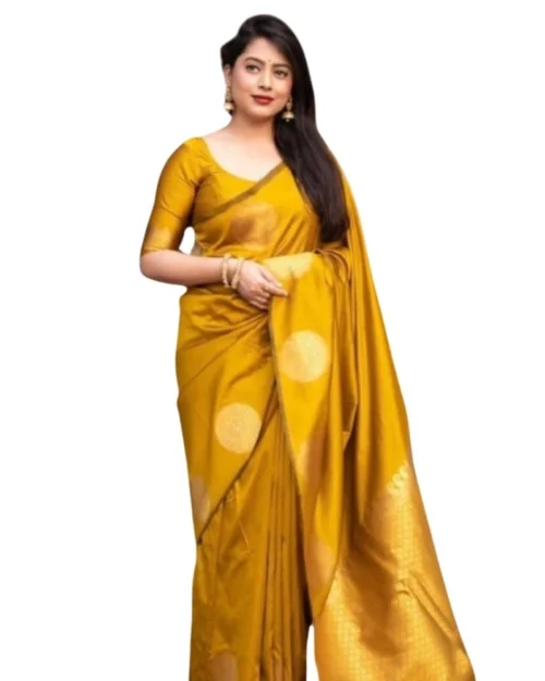 Generic Women's Silk Printed Saree With Unstitched Blouse 5.5Mtr (Yellow)