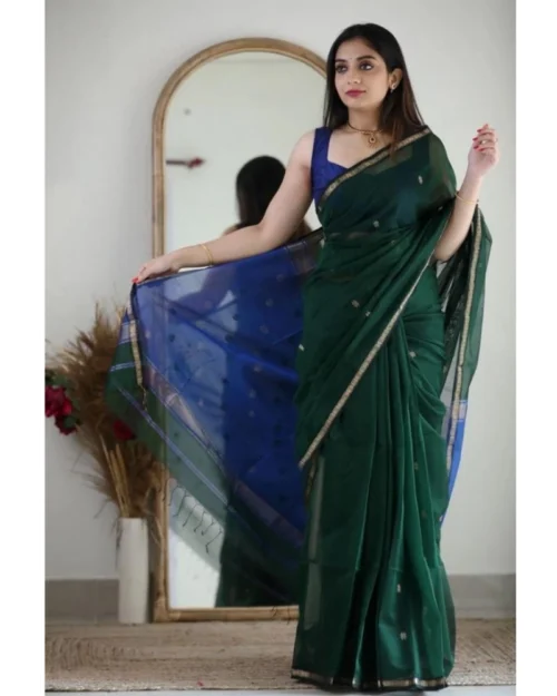 Generic Women's Cotton  Printed Saree With Unstitched Blouse 5.5Mtr (Green)