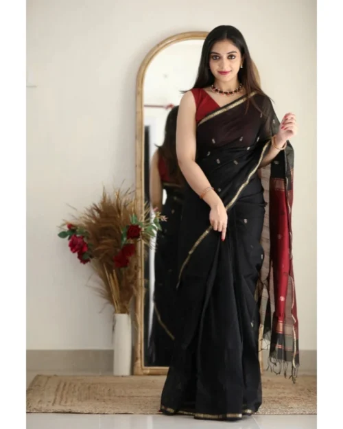 Generic Women's Cotton  Printed Saree With Unstitched Blouse 5.5Mtr (Black)
