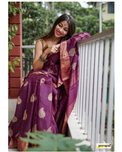 Generic Women's Silk Printed Saree With Unstitched Blouse 5.5Mtr (Purple)